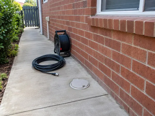 Capped drain access cover beside a coiled camera reel on a concrete side path beside a brick house in Seaforth